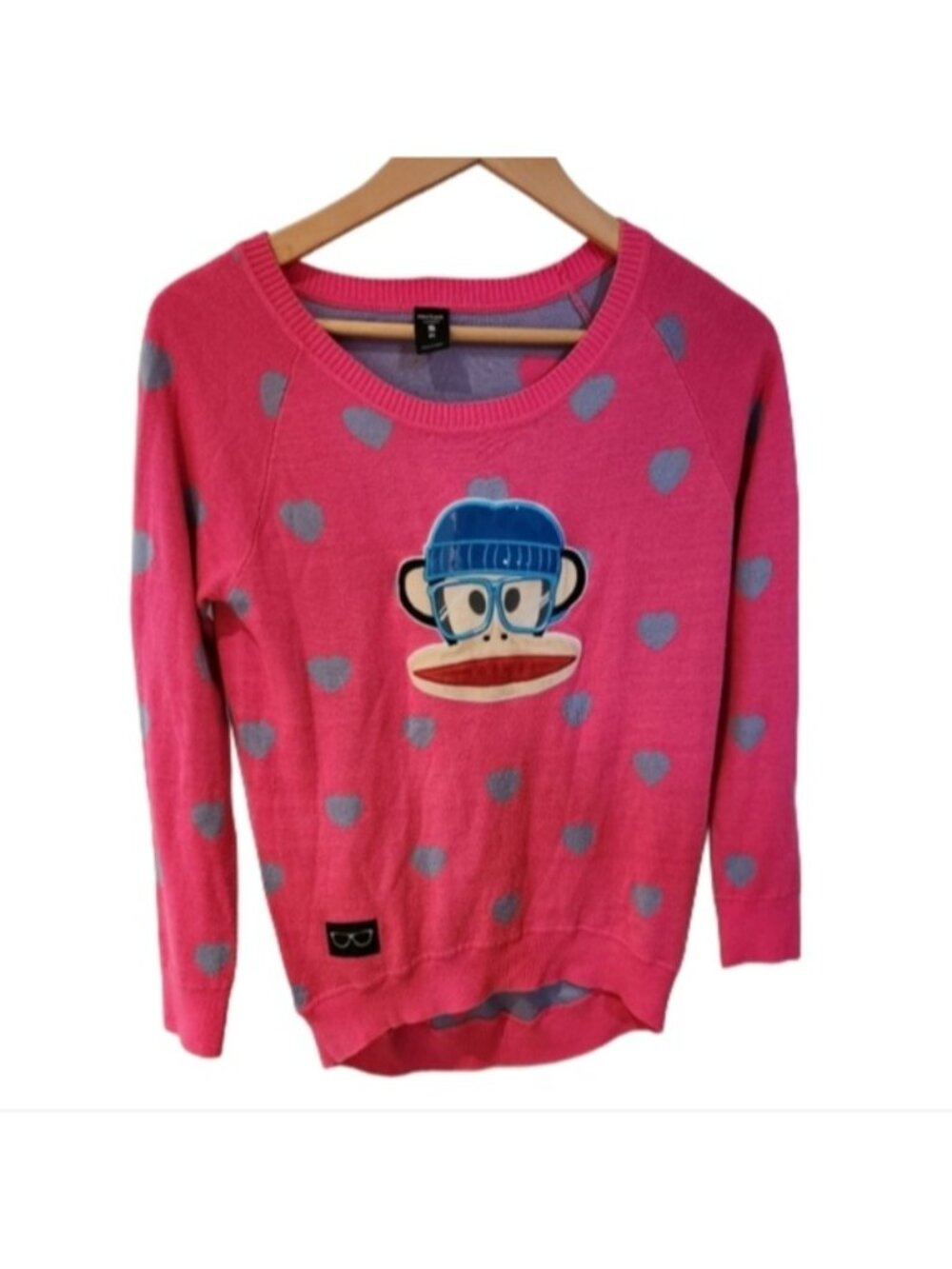 Paul Frank Small OS Pink and Gray Crew‎ Neck Sweater with Cartoon Design Hearts